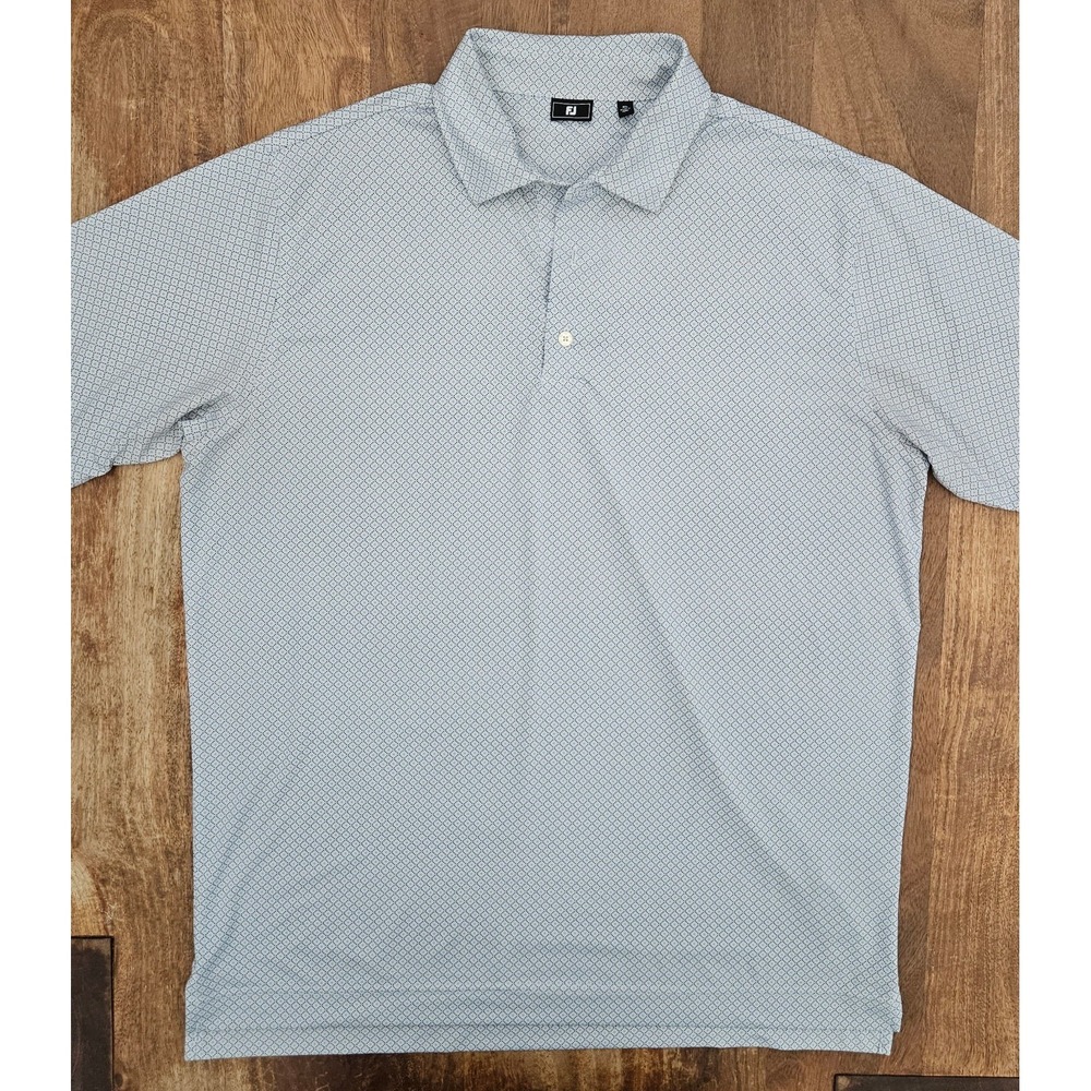 FootJoy Golf Polo Shirt Mens XL White Blue Geometric Diamond - Company Logo
